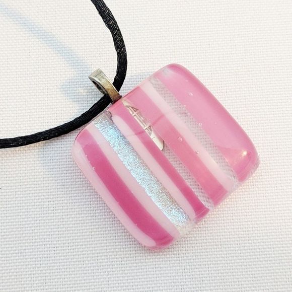 Pink Striped Hand Blown Glass Pendant Necklace - Picture 1 of 8